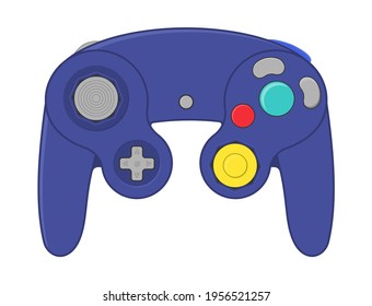 Retro gamepad, joypad, vintage blue controller, input device for old video game console, vector illustration. Flat colorful image isolated on white background.