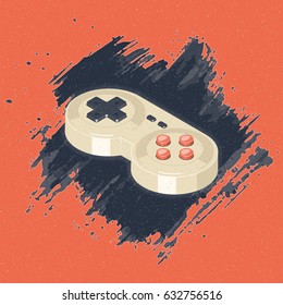 Retro gamepad on grunge background. Poster template for print. Isometric vector illustration.