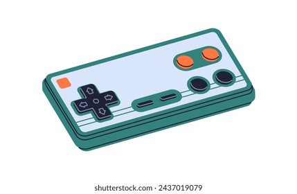 Retro gamepad, video game console of 80s, 90s. Old vintage videogame controller, playing device, gadget of 1980s. Eighties gamers consol. Flat vector illustration isolated on white background