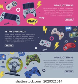 Retro Gamepads Landing Page Templates Design Set, Game Joystick Horizontal Banners with Space for Text and Console Game Controllers Vector Illustration