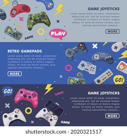 Retro Gamepads Web Banners Set, Game Joystick Landing Page Templates Design Vector Illustration
