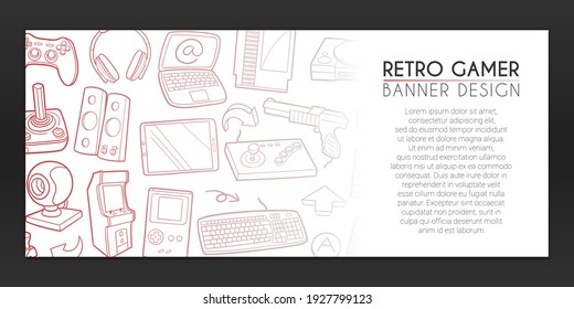 Retro Gamer Banner Doodle. Videogame Technology Background Hand drawn. Hobby Icons illustration. Vector Horizontal Design.
