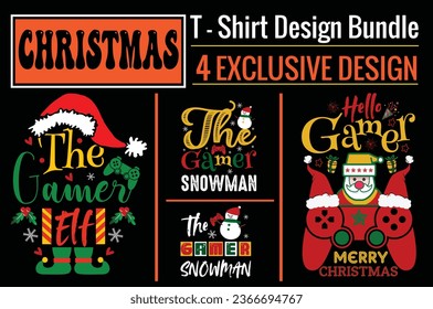  Retro, The Gamer Elf, The Gamer Snowman, Hello Gamer Merry Christmas, Christmas T-Shirt Design Bundle. ready to print for apparel, poster, and illustration. Modern, simple, lettering t-shirt vector

