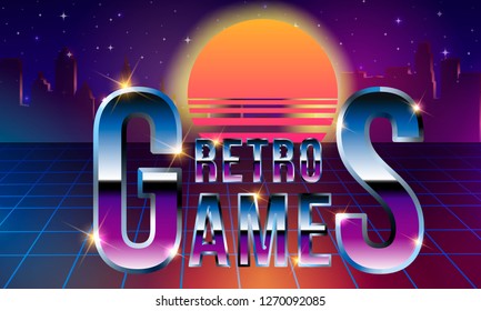 Retro Games. Fancy retrofuturistic neon font on dark backround. Synthwave vaporwave style. Games of the 80s