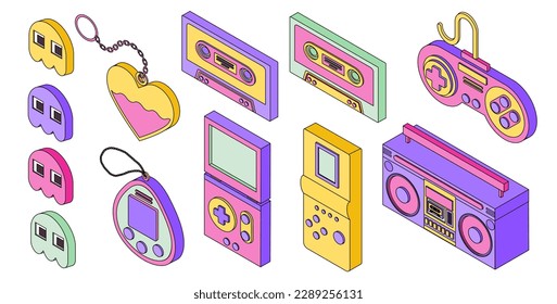 Retro games isometry set. Collection of joysticks and controllers, audio cassette and tape recorder or radio. Back to 80s and 90s. Cartoon isometric vector illustrations isolated on white background