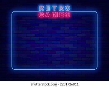 Retro games neon banner. Empty frame with space for text. Luminous poster. Glowing advertising. Game design. Virtual reality play room. Shiny banner. Vector stock illustration