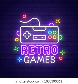 Retro Games Neon Sign, Bright Signboard, Light Banner. Game Logo, Emblem. Vector Illustration