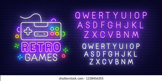 Retro Games neon sign, bright signboard, light banner. Gamer logo. Neon sign creator. Neon text edit