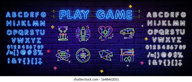 Retro games neon sign, bright sign, light banner new technologies. Gamer logo. Creator of the neon sign. Neon text edit