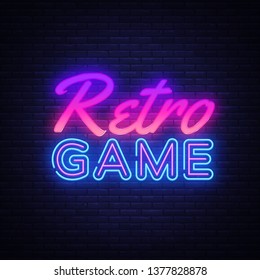 Retro Games neon sign vector. Gaming Design template neon sign, light banner, neon signboard, nightly bright advertising, light inscription. Vector illustration