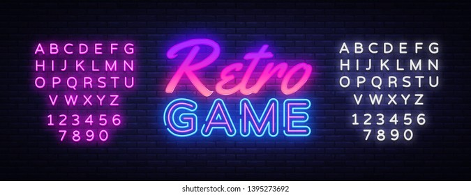 Retro Games neon sign vector. Gaming Design template neon sign, light banner, neon signboard, nightly bright advertising, light inscription. Vector illustration. Editing text neon sign