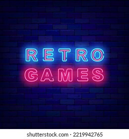 Retro games neon signboard. Luminous label on brick wall. Glowing advertising. Game design. Virtual reality play room. Shiny banner. Vector stock illustration