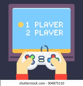 Retro Games Player Hands Joystick Monitor Screen Flat Icon Isolated Set Vector Illustration