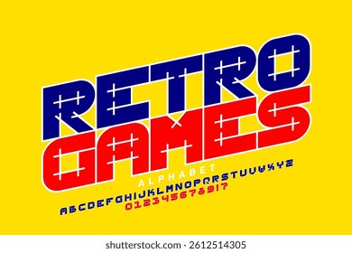 Retro games style font, alphabet letters and numbers vector illustration