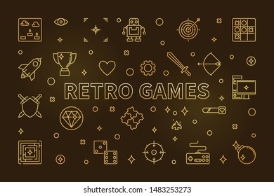 Retro Games vector concept golden banner or illustration in thin line style on dark background