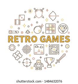 Retro Games vector concept round illustration in outline style