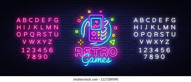 Retro Games Vector Logo. Retro geek gaming gamepad in hand neon sign, modern trend design, vivid vector illustration, promotional character games. Vector Illustration. Editing text neon sign