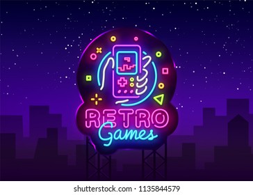 Retro Games Vector Logo. Retro geek gaming gamepad in hand neon sign, modern trend design, vivid vector illustration, promotional character games, Vintage sign. Vector Illustration. Billboard