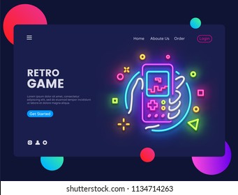 Pancarta de diseño del vector del concepto del sitio web Retro Games. Banner retro Game light al estilo neón, juego Retro geek con signo de neón, moderno diseño de tendencia, brillante publicidad de vida nocturna