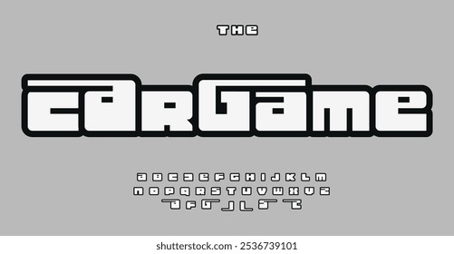 Retro gaming alphabet, bold chunky letters, vintage arcade style font for impactful logo, arcade typographic design, playful 16-bit style branding. Vector typeset.