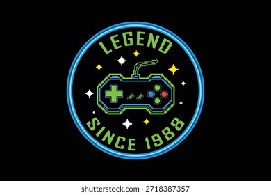 Retro gaming badge with controller and legend since 1988