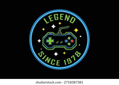 Crachá de jogo retro com controlador e legenda desde 1978