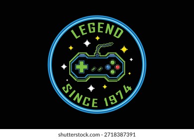 Insignia de juego retro con controlador y texto de leyenda
