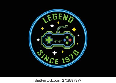 Crachá de jogo retro com texto de legenda e controlador