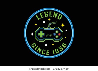 Crachá de jogo retro com texto de legenda e controlador