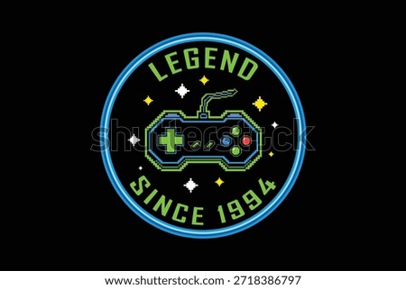 Retro gaming badge with controller and legend since 1994