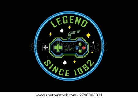 Retro gaming badge with controller and legend since 1992
