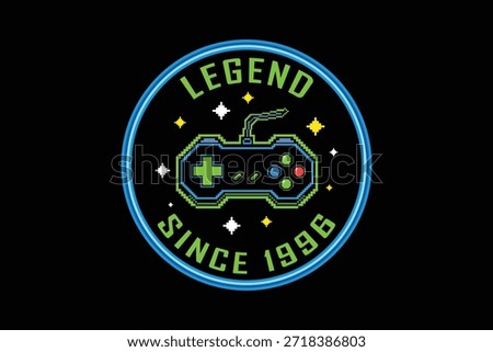 Retro gaming badge with controller and legend since 1996