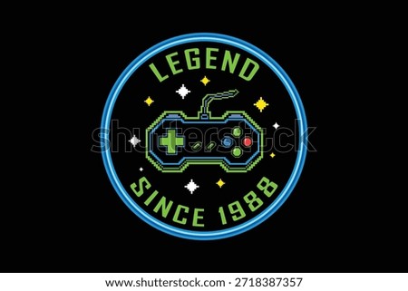 Retro gaming badge with controller and legend since 1988