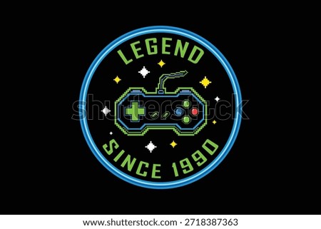 Retro gaming badge with controller and legend since 1990