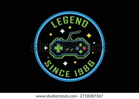 Retro gaming badge with controller and legend since 1986