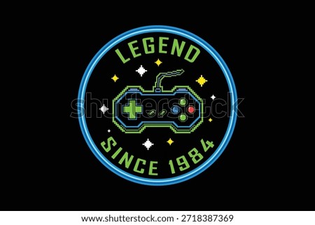 Retro gaming badge with controller and legend since 1984