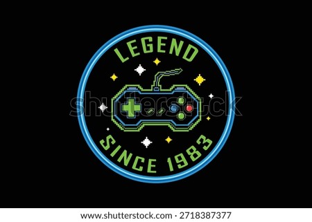 Retro gaming badge with controller and legend since 1983