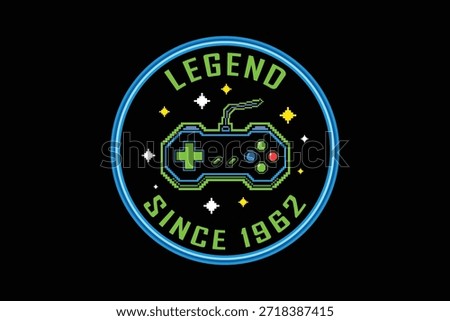 Retro gaming badge with controller and legend since 1962
