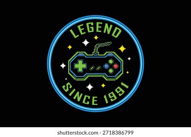 Crachá de jogo retro com controlador e fundo estrelado