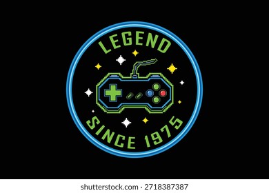 Crachá de jogo retro com controlador e fundo estrelado