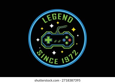 Crachá de jogo retro com controlador e fundo estrelado