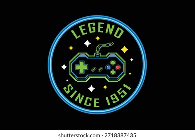 Crachá de jogo retro com controlador e fundo estrelado