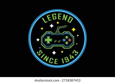 Retro gaming badge with controller and starry background
