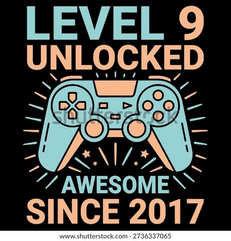 Retro gaming birthday design featuring a game controller and the phrase “Level 9 Unlocked – Awesome Since 2017.” Perfect for kids turning nine, gamer birthday parties, and fun gaming-themed celebrations.