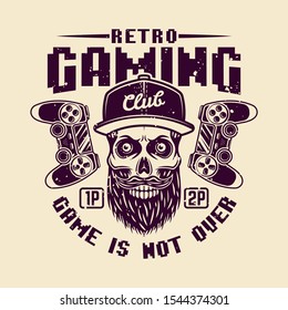 Retro gaming club vector emblem, badge, label or logo with bearded skull of gamer isolated illustration
