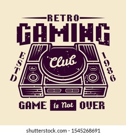 Retro gaming club vector emblem, badge, label or logo with game console isolated illustration