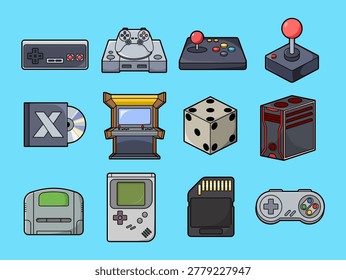 Retro Gaming Console and Arcade Equipment Outline Icon Set Vector Illustration
