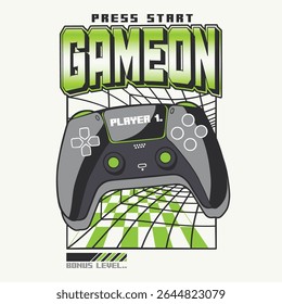 Joystick controlador de jogos retro com design futurista verde neon tipografia Game On para t-shirt. Ilustração vetorial de um joystick de teclado de jogo para impressão e web. vestuário, cartaz, adesivo