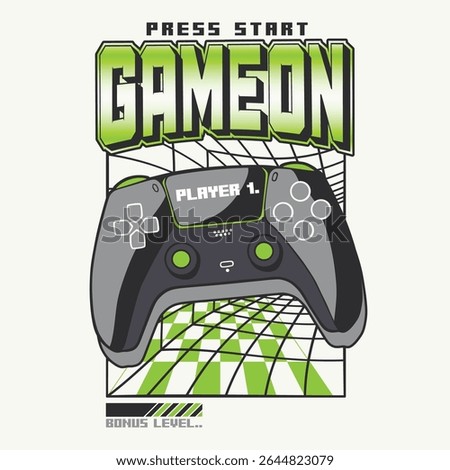 Retro gaming controller joystick with Game On typography neon green futuristic design for t-shirt. Vector illustration of a game pad joystick for print and web. apparel, poster, sticker