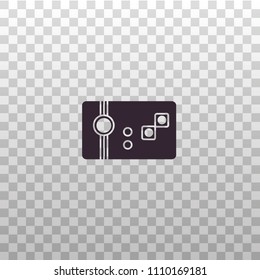 Retro gaming controller with mini joystick and buttons top view - black silhouette iocn on isolated transparent background. Vintage tv game console - vector sign, symbol, pictogram.  